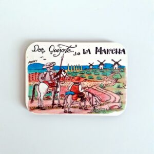 Imán para la nevera con un diseño artesanal dedicado a Don Quijote de La Mancha.