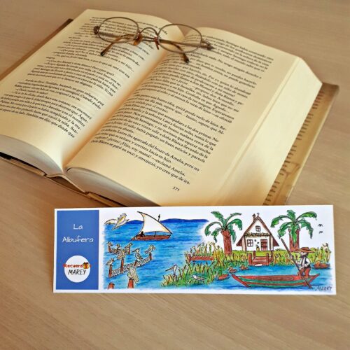 Marcapáginas con una ilustración hecha a mano dedicado a la Albufera de Valencia, apoyado sobre un libro