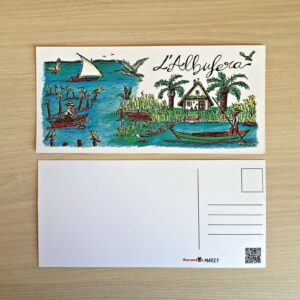 Postal con un diseño artesanal dedicado a la Albufera de Valencia.