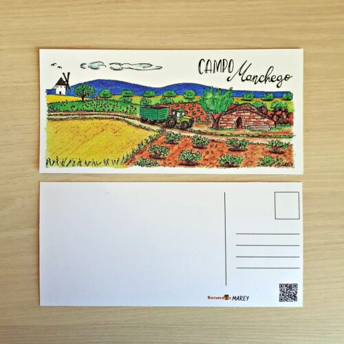 Postal con un diseño artesanal dedicado al campo manchego.