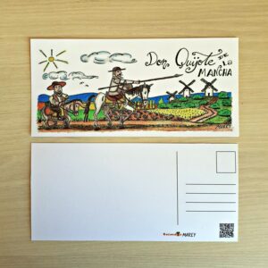 Postal con un diseño artesanal dedicado a Don Quijote de La Mancha