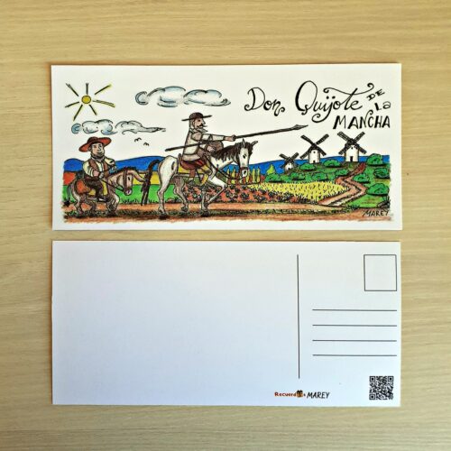Postal con un diseño artesanal dedicado a Don Quijote de La Mancha