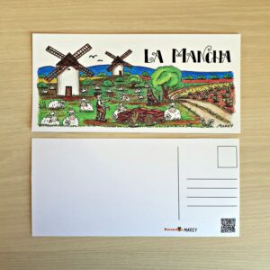 Postal con un diseño artesanal dedicada a La Mancha.