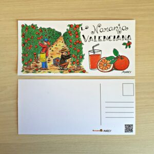 Postal con un diseño artesanal dedicado a la naranja valenciana.