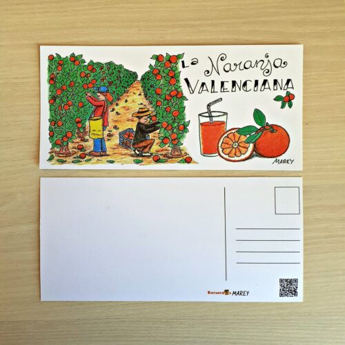 Postal con un diseño artesanal dedicado a la naranja valenciana.