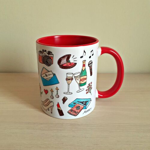Taza de cerámica de colores con una ilustración artesanal dedicada a las Bodas