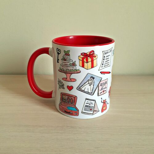Taza de cerámica de colores con una ilustración artesanal dedicada a las bodas vista trasera